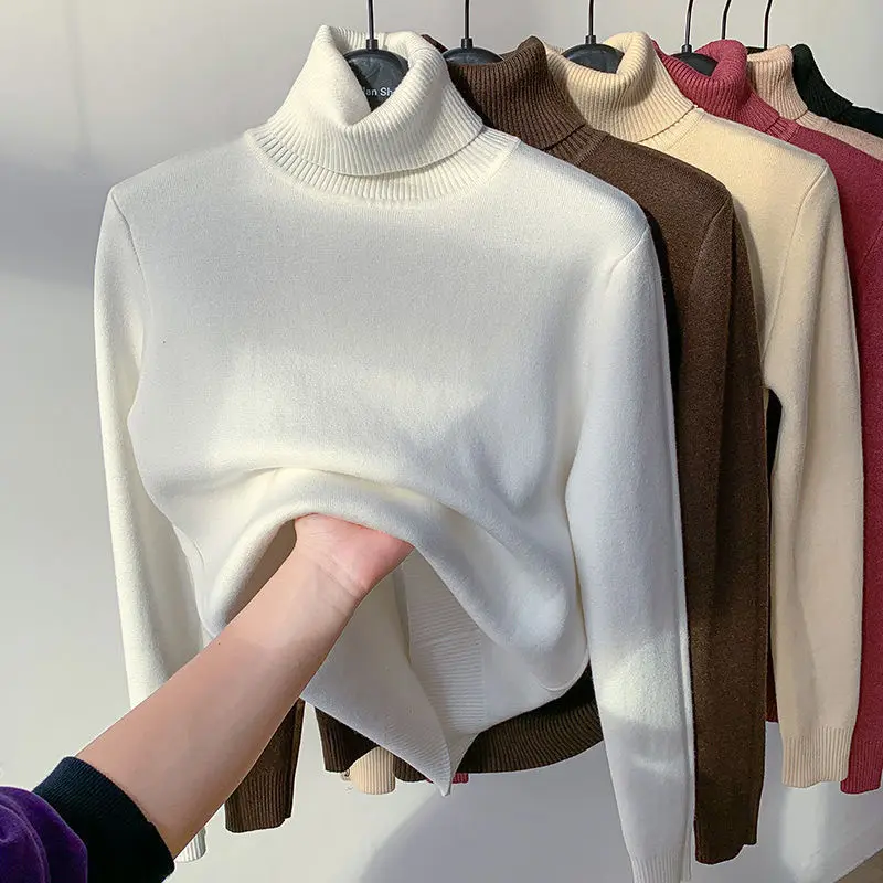 2024 musim gugur dan musim dingin baru tebal beludru Sweater wanita tinggi leher Pullover Sweater hangat Slim rajutan dasar Sweater jaket atasan