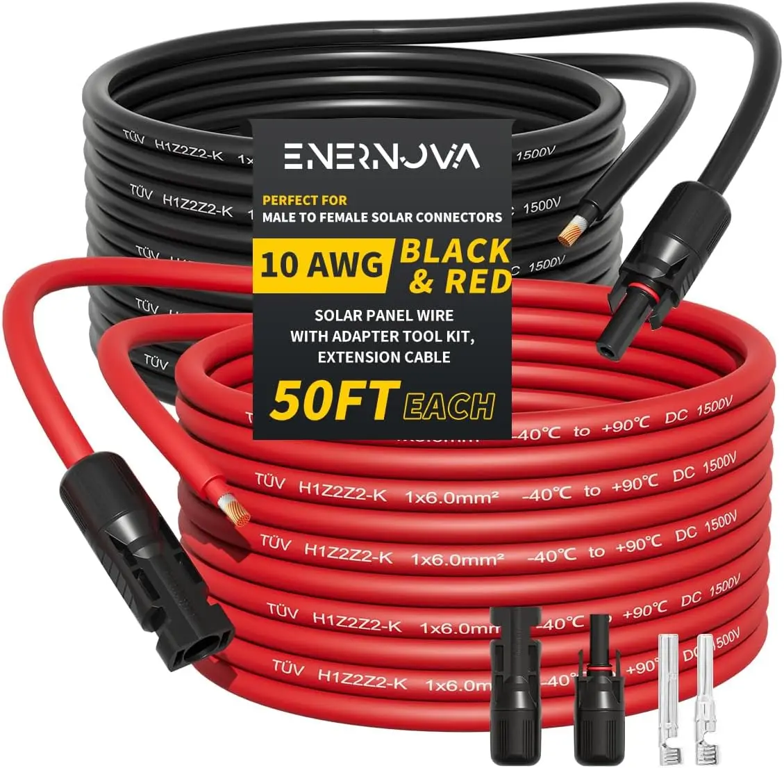 50 ft 10AWG solar cable with female and male connectors with additional free connectors,