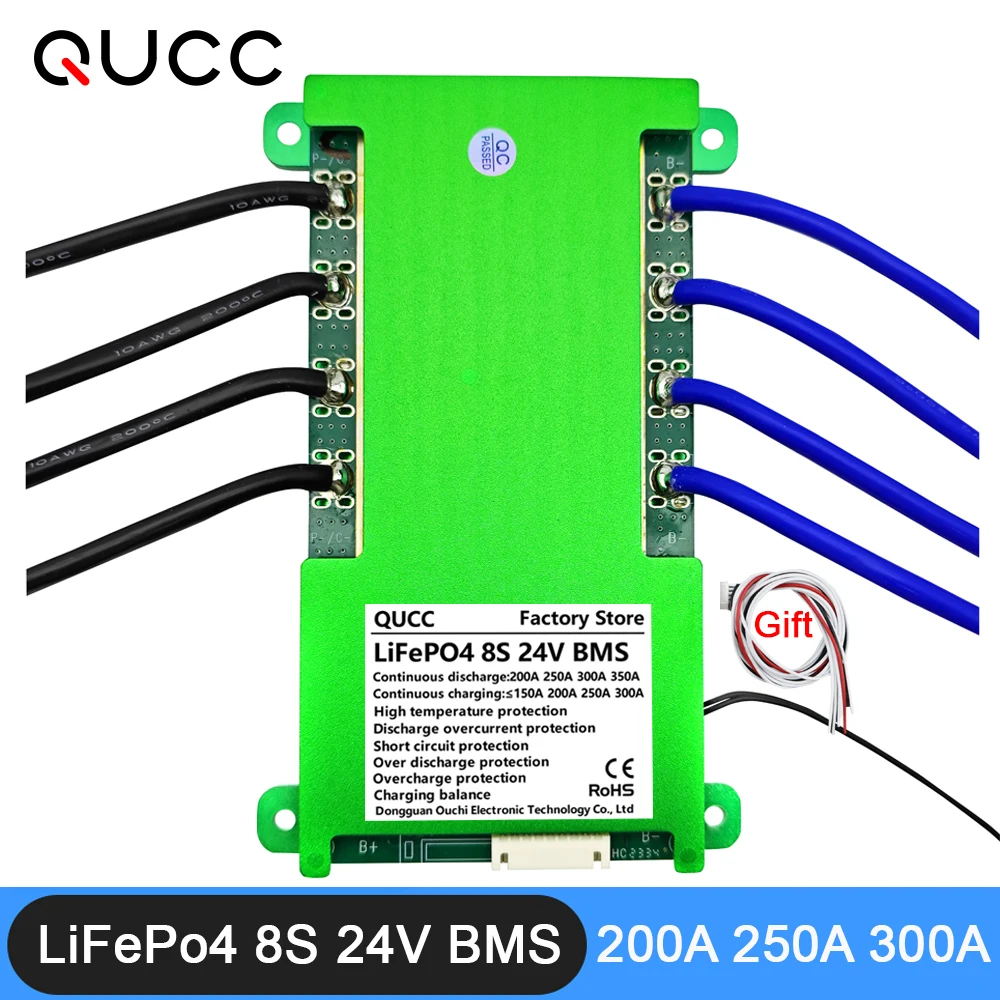 Qucc BMS 8S 24V Lifepo4 200A 250A 300A تهمة التفريغ نفس المنفذ لوحة التوازن نظام إدارة بطارية الليثيوم Bms مع NTC