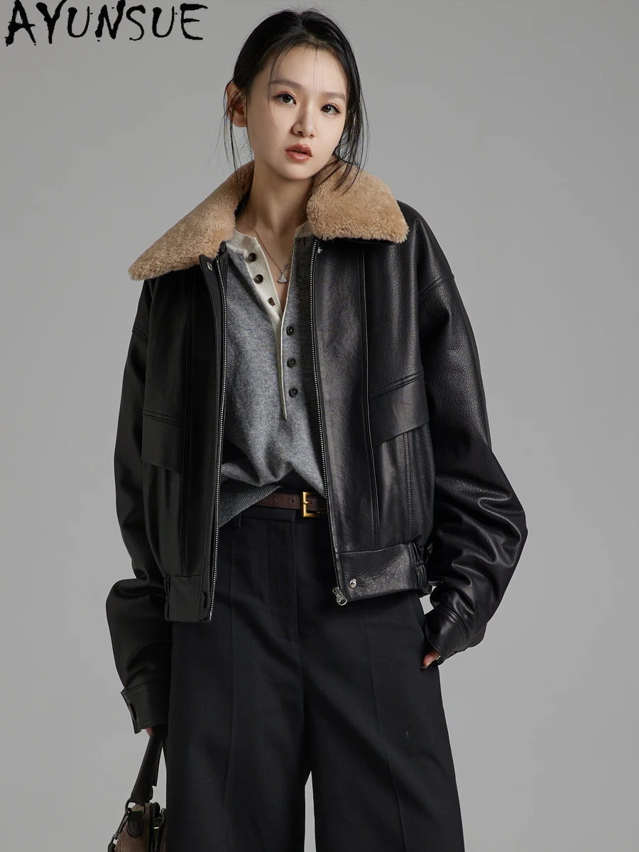 AYUNSUE Top Qualität Echtes Leder Jacke Frauen 2025, Echt Schaffell Frau Mantel Winter Herbst Kleidung Wolle Pelz Kragen Abnehmbare