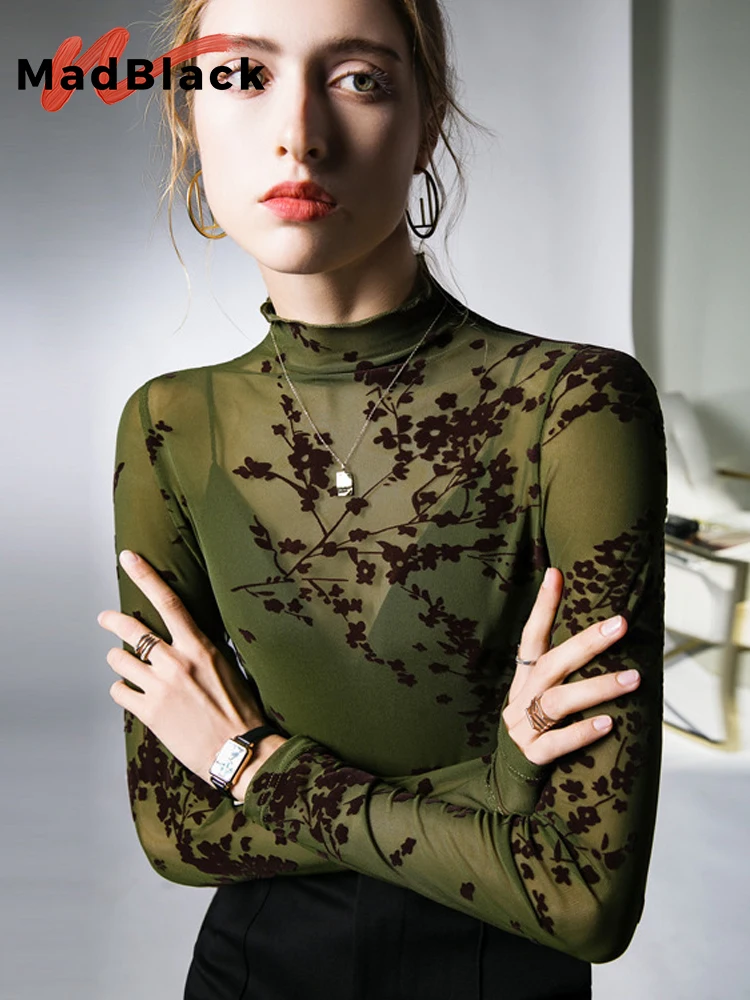 MadBlack European Clothes Tshirts Women Sexy Mock Neck Flower Print Sheer Slim Mocking Mesh Tops Long Sleeve Tee Autumn T39850JC