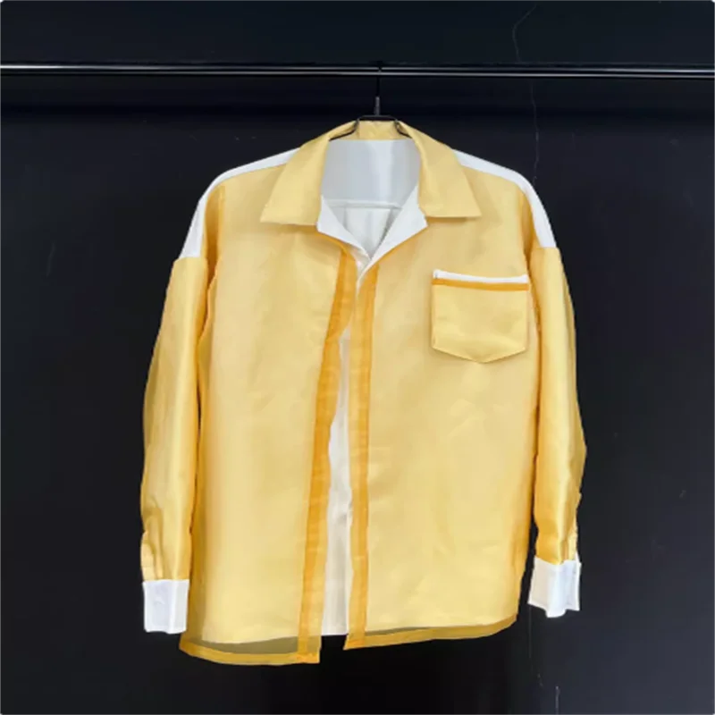 2024 Original spring and autumn yellow organza long sleeve shirt men casual loose trend shirt thin coat