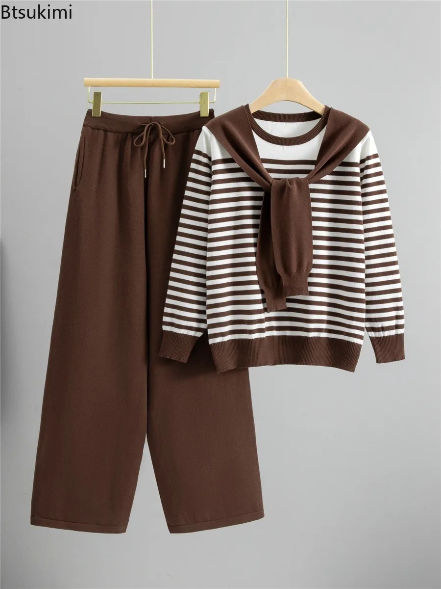 Herbst-Winter Damen Strick-Zweiteiler Gestreiftes Oberteil mit Matrosenkragen und Langen Ärmeln, Weite Hose mit Kordelzug, Lässiges Passendes Outfit