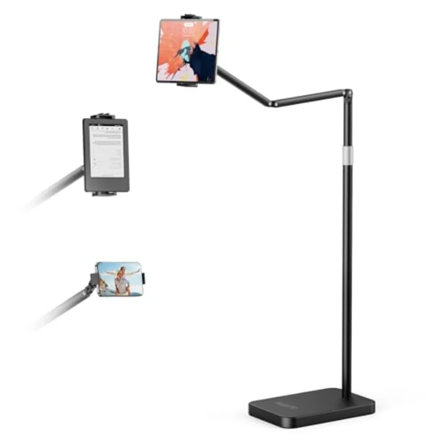 

Tablet Floor Stand with 10.6 LB Heavy Metal Base Adjustable Height Stretchable Arm Overhead Bed Phone Stand Compatible with iPa