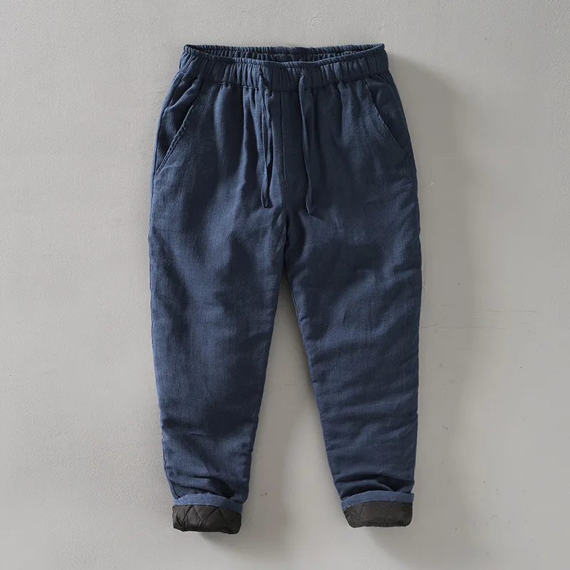 

Мужские зимние утепленные брюки из льна и хлопка, прямого кроя, свободные, повседневные, в стиле ретро, с манжетами на шнурке, теплые, длинные