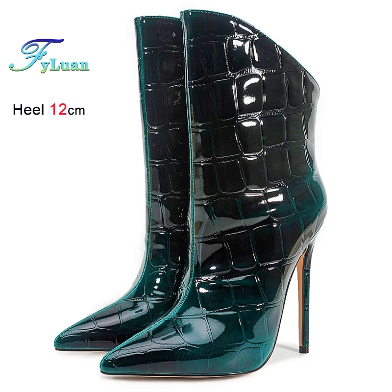 

Autumn Winter Black Blue Gradient Patent Leather Women's Ankle Boots Pointed Toe Ladies Pumps Thin High Heels 12cm Female Boots