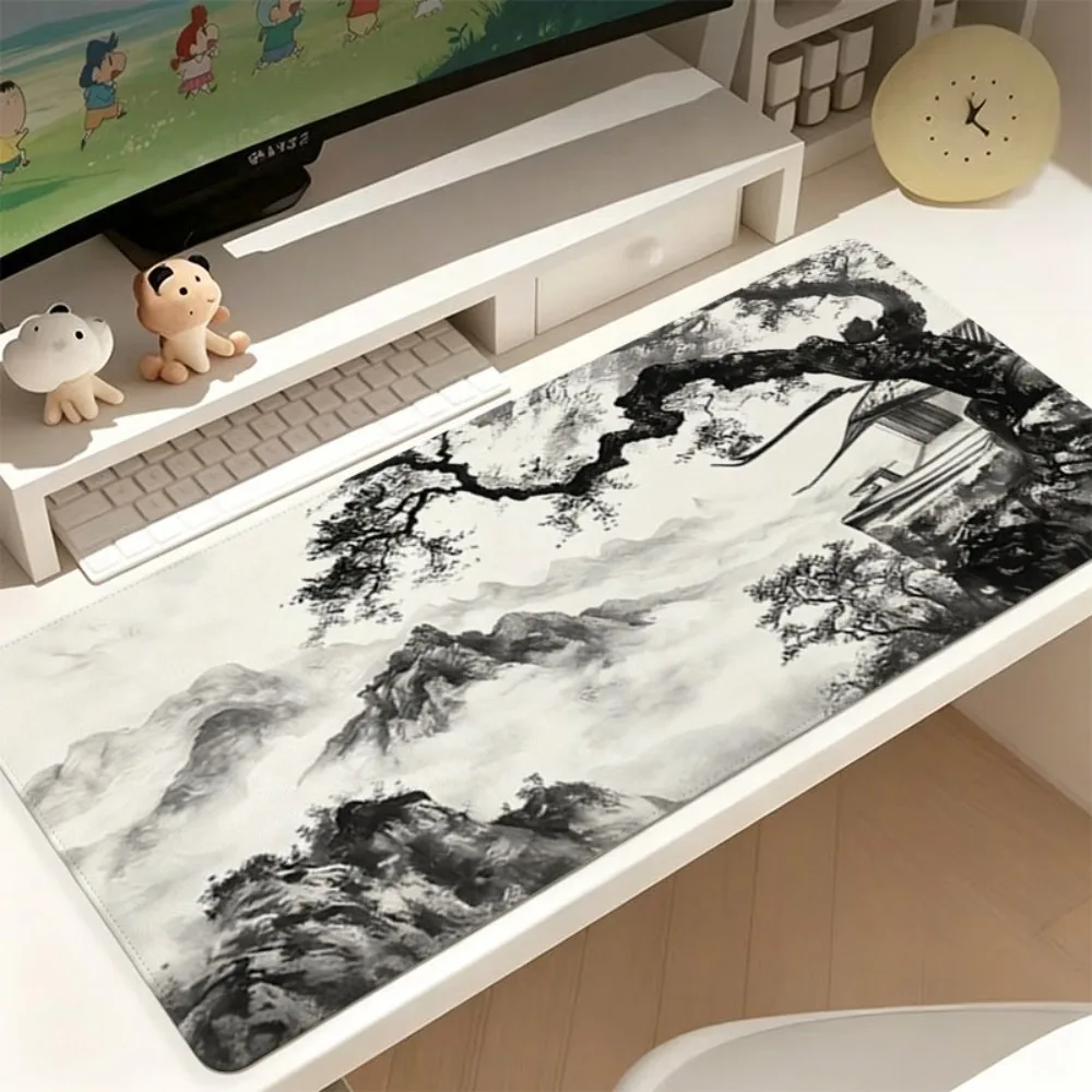 Quiet black and white ink landscape large-sized mouse pad, distorted trees, misty mountain print alfombrillas gaming