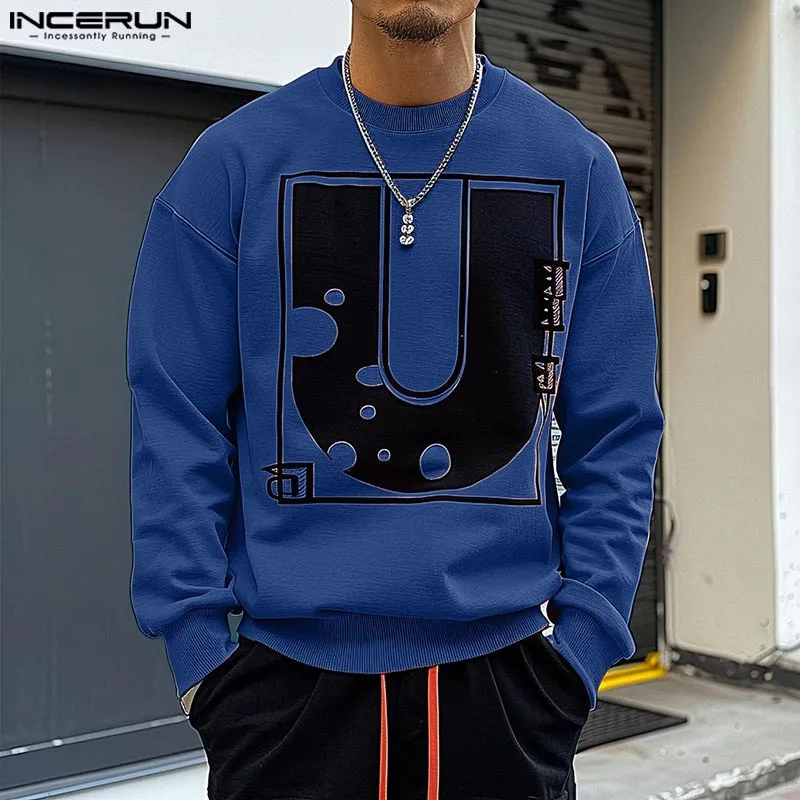 INCERUN Men Casual Long Sleeve Hoodies Letter Printing Round Neck Pullovers American Fashion Commuting Elegant Sweatshirts S-5XL