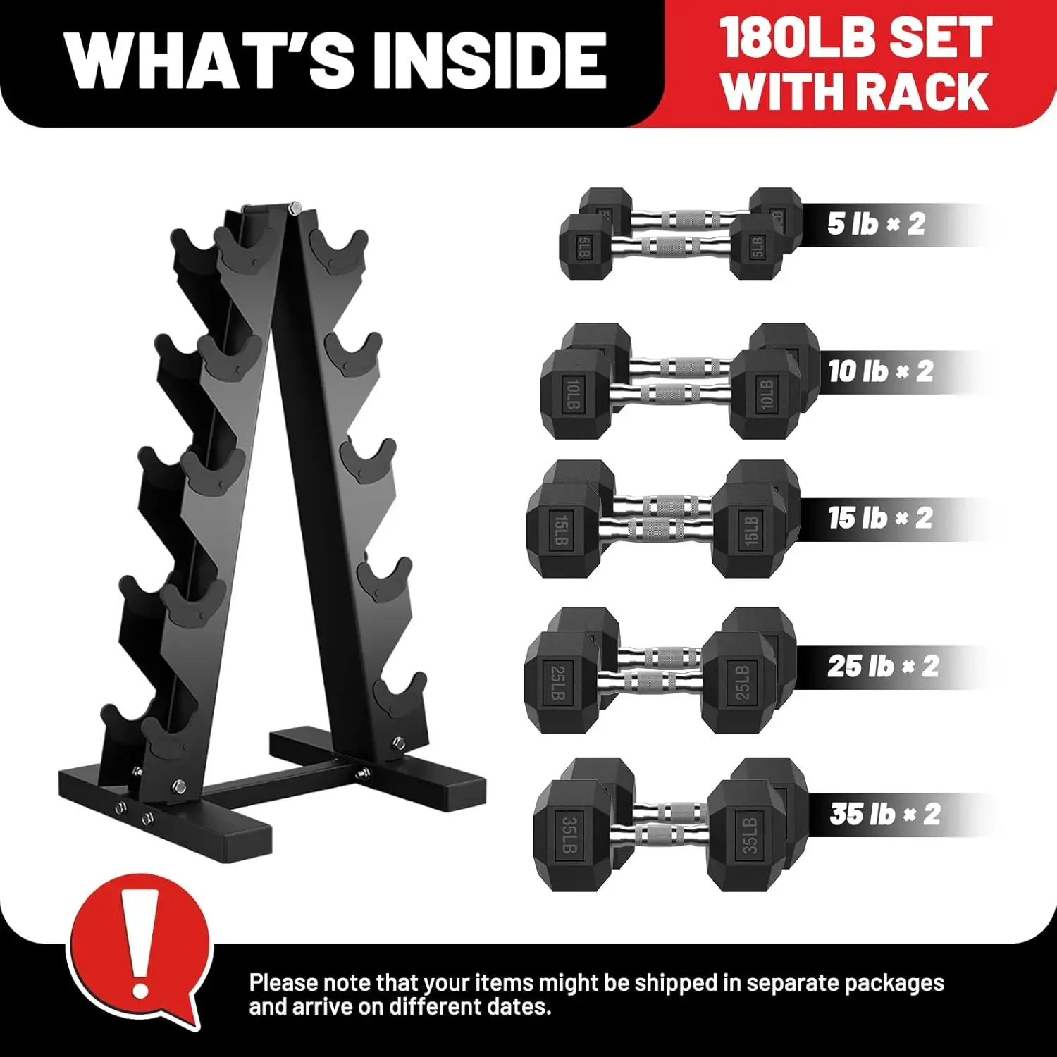 [مخزون محدود، اشتر الآن! ]مجموعة دمبل سداسية مع رف - أوزان من الحديد الزهر المطلي بالمطاط، مقابض كروم غير قابلة للانزلاق، منزل موفر للمساحة