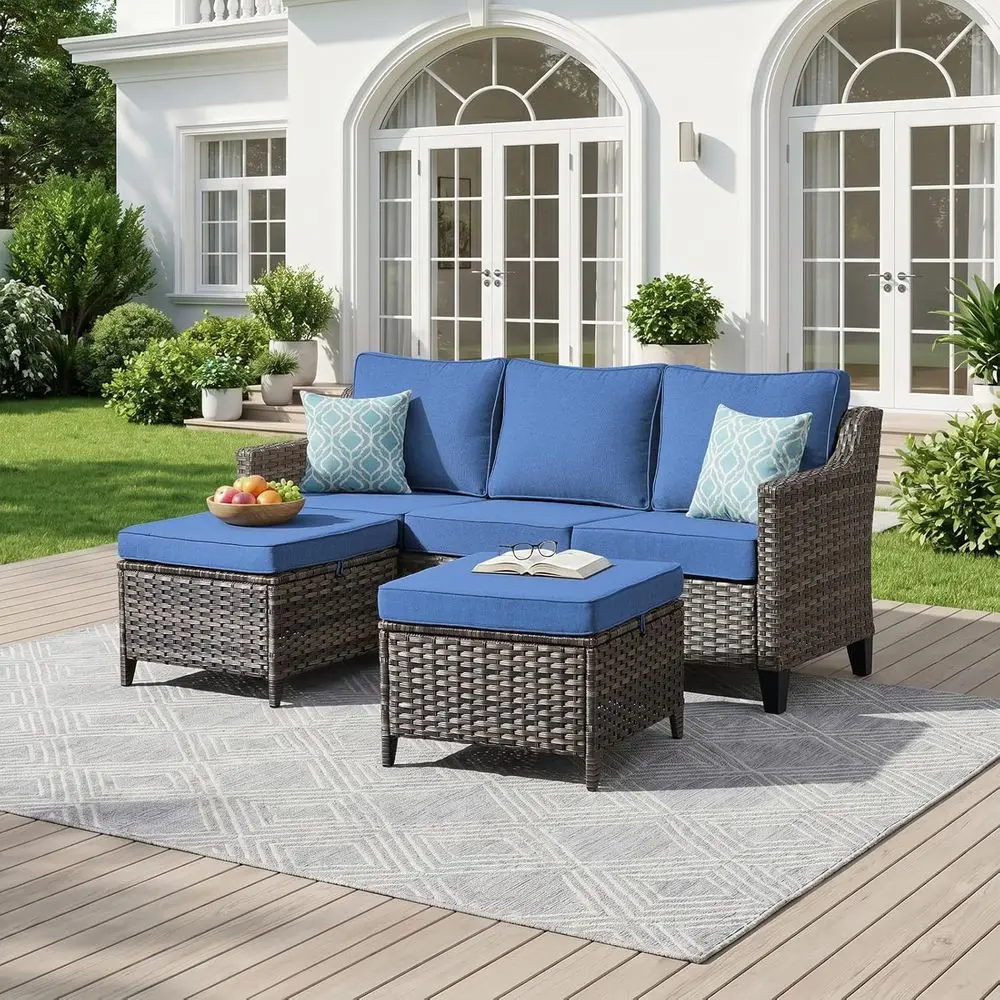 

3-Piece Outdoor Furniture Set: High-Back Patio Sofa with Ottomans for Deck, Garden, Balcony - Blue