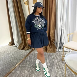 Fashion Dark Blue Pattern Printed Pleated Mini Skirts Two Piece Set Women Clothing O Neck Long Sleeve Pullover And Skirt Outfits