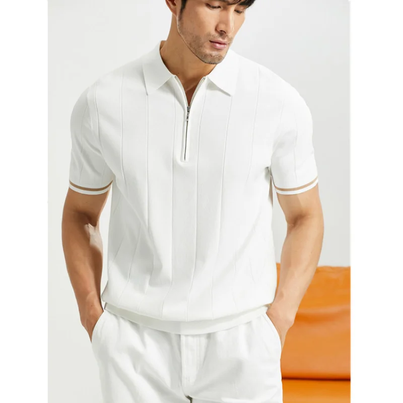 Summer Men'S Knitted Short Sleeve Shirt British Style Solid Color Silk New Turn-Down Collar Half Sleeve Base Shirt