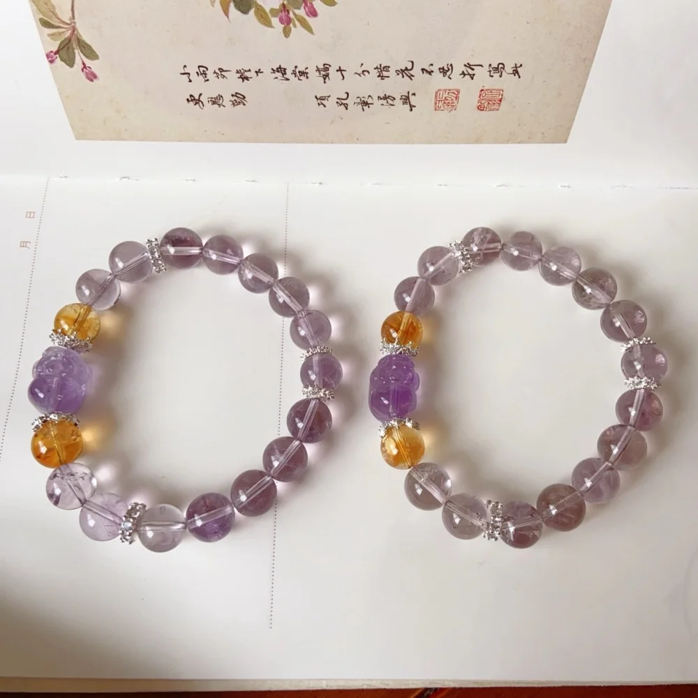 10mm Natural Clear Quartz And Amethyst Pixiu Bead Bracelet Gemstone Fashion Crystal Healing For Women Jewelry Wrist Gift 1PCS