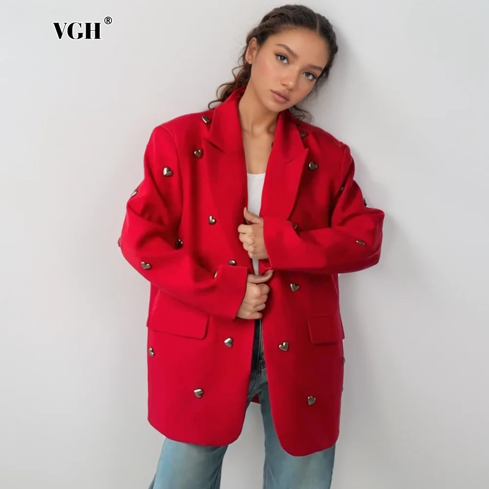 VGH Chic Spliced Heart Decoration Solid Blazers For Women Notched Collar Long Sleeve High Street Loose Coats Female Fashion New