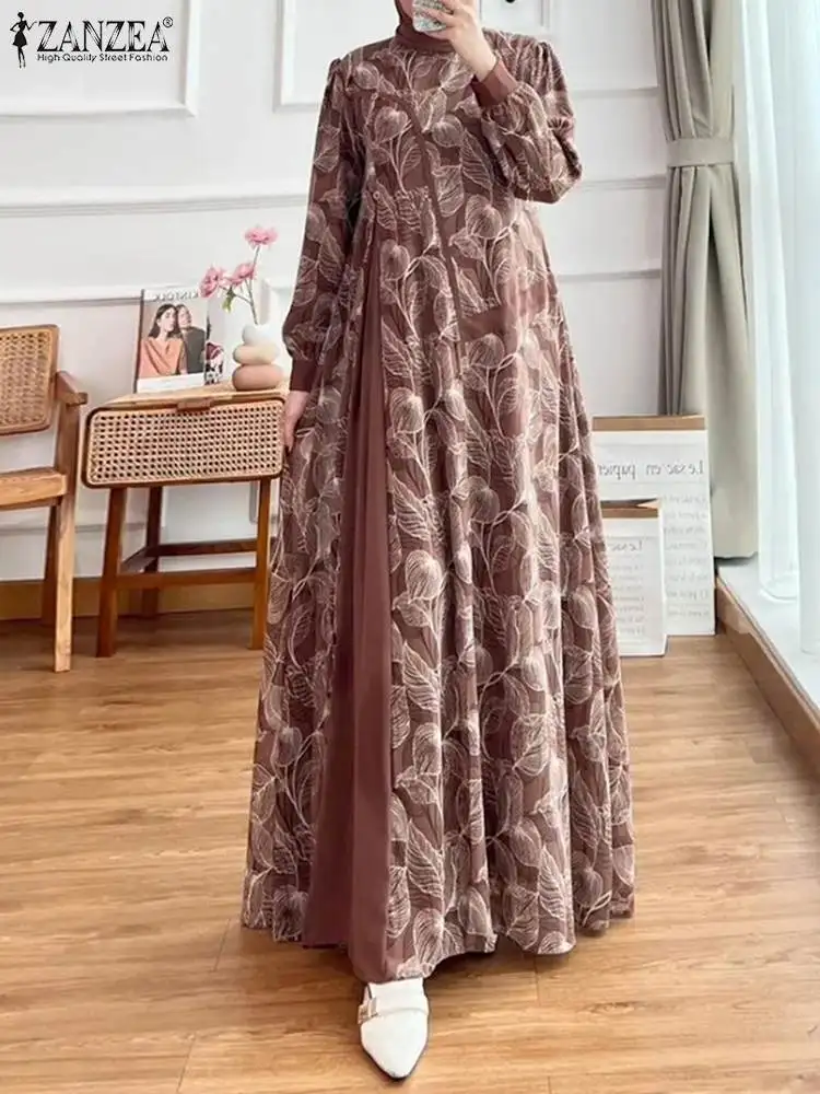 ZANZEA Women Patchwork Maxi Dress Muslim Abaya Robe Femme Vintage Long Sleeve Printed Sundress Bohemian Floral Vestidos Kaftan