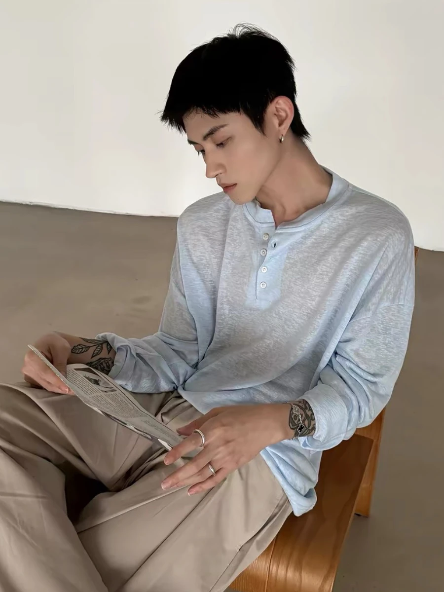 Misty See-through Henry Collar Long Sleeve T-shirt Casual Loose Commute Top for Men And Women Breathable Skin-friendly