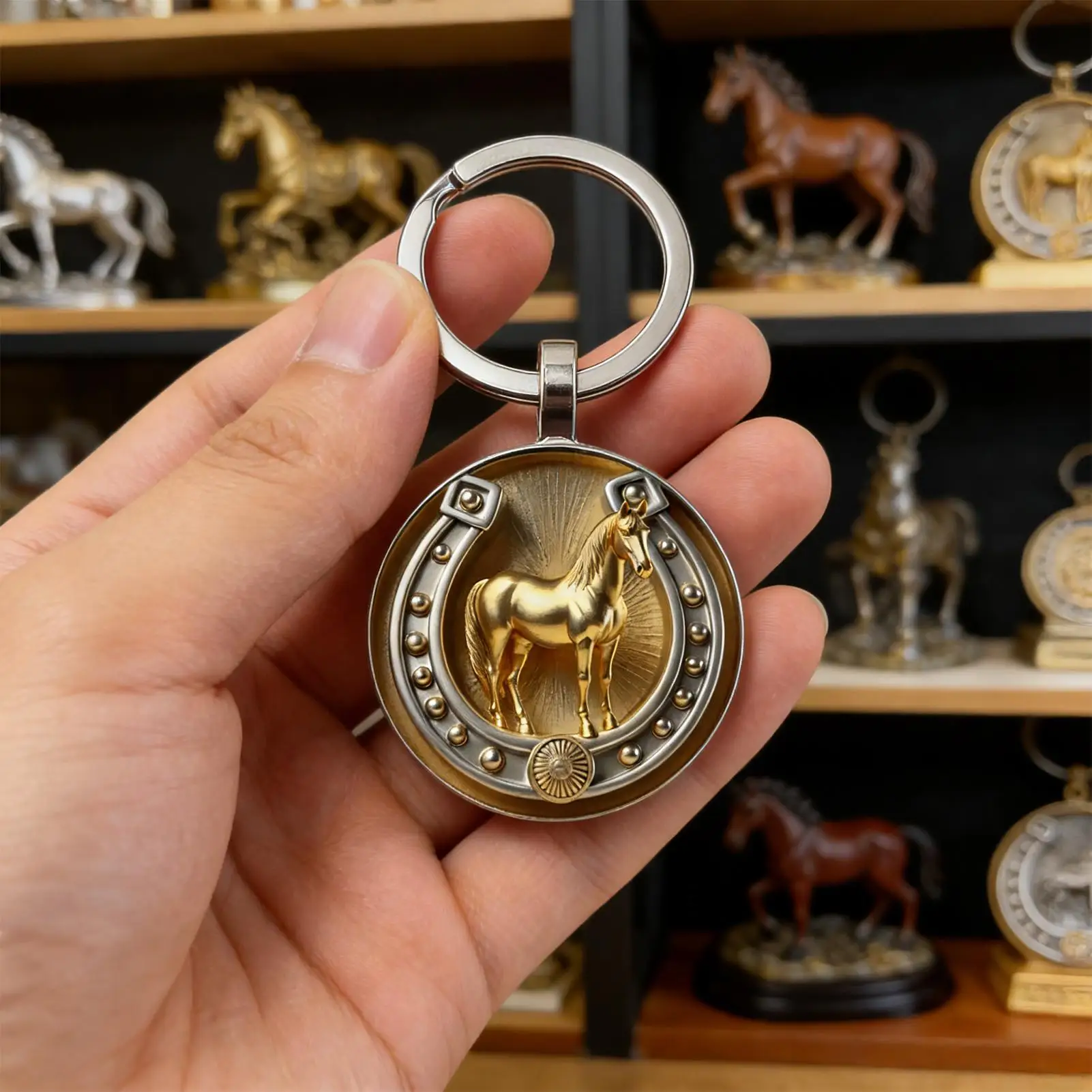 Horseshoe Keychain Exquisite Embossed Metal Artistic 2D Keyring Good Luck Horseshoe Purse Charm for Adults Lovers Family Friends