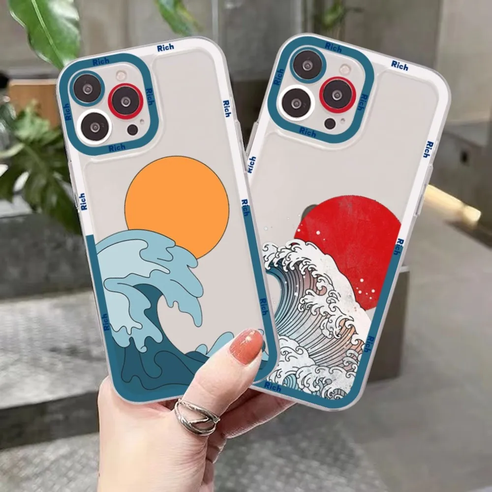 

Japanese Illustration Waves Phone Case For IPhone 15 11 12 13 14 Mini Pro Max XR X XS TPU Clear Case