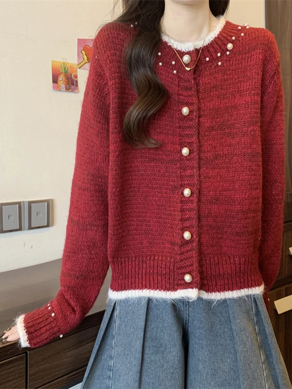 Angola rode trui vest dames herfst winter bovenkleding jaar luy kleding casual zachte lange Sve ronde Ne Top