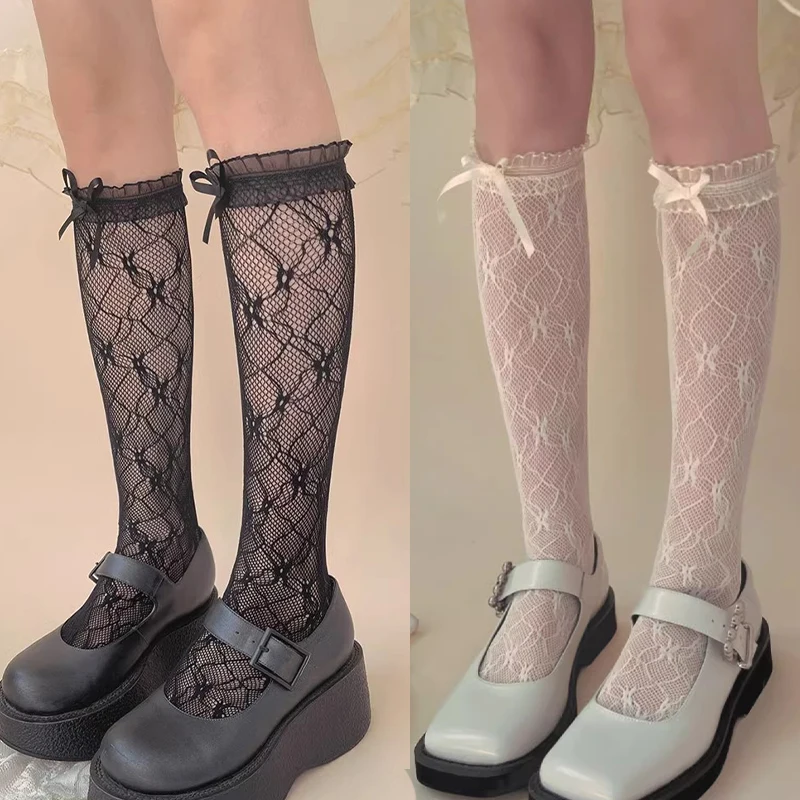 Chaussettes résille de style ballet français Lolita pour femme, fibre papillon transparente, chaussettes élastiques commandées, chaussettes fines avec nœud, fil net