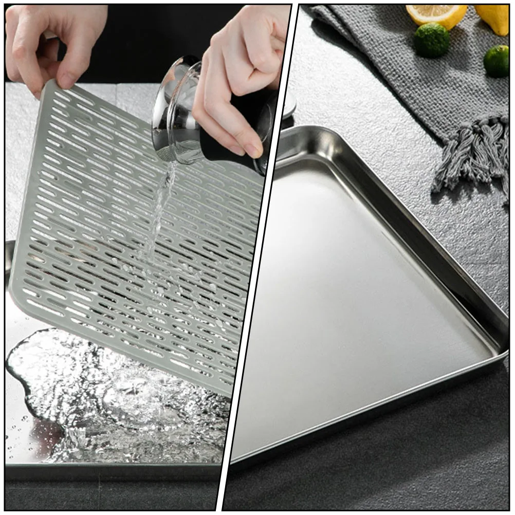 

1 Set Stainless Steel Double Layer Draining Tray For Tea Cups Teapots Rectangular Tea Serving Plate Teaware Tray Home Hotel