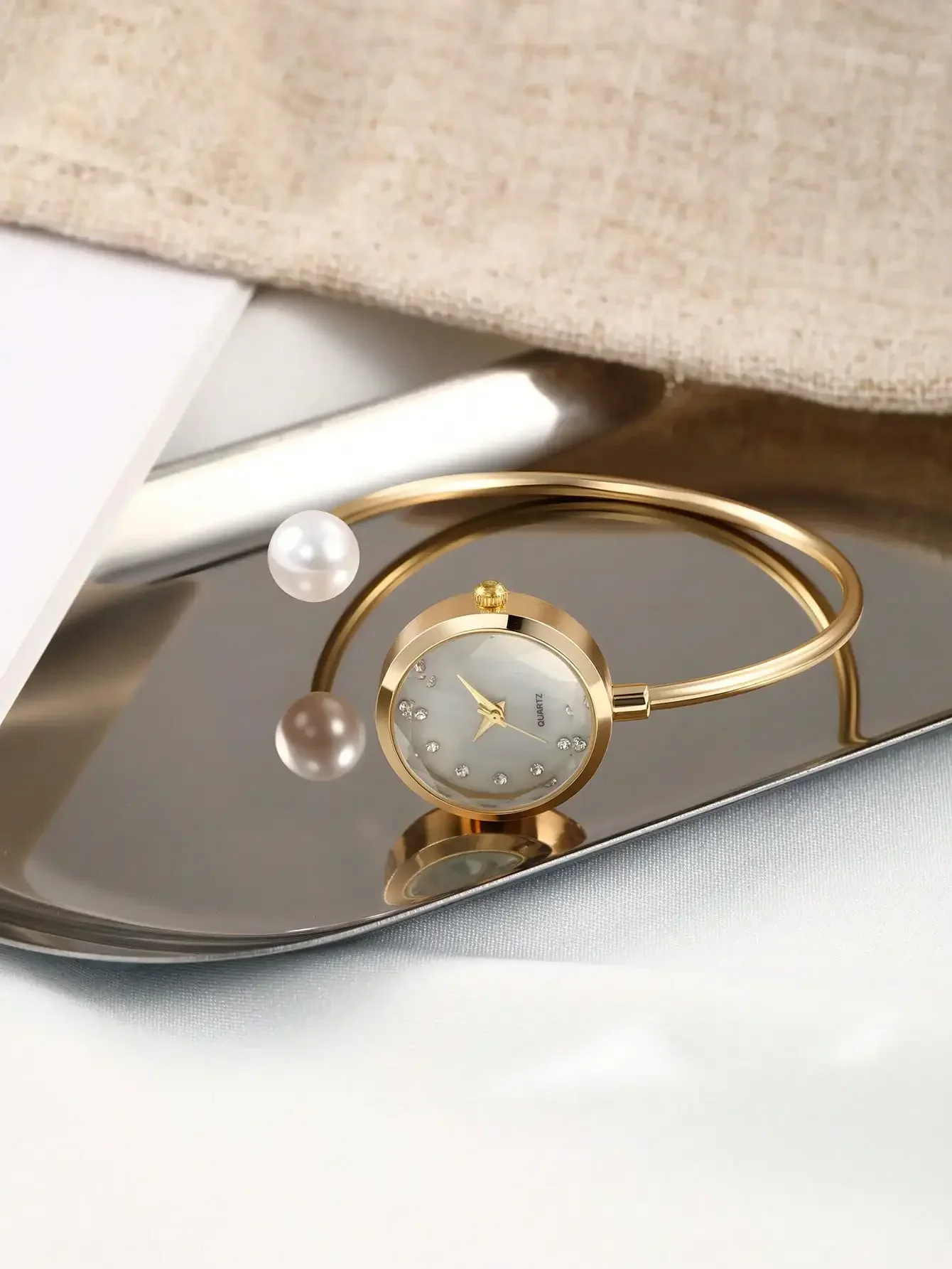Women's Watch, Elegant Heart-Shaped Dial Quartz Watch, With Faux Pearl Necklace, Earrings And Bracelet