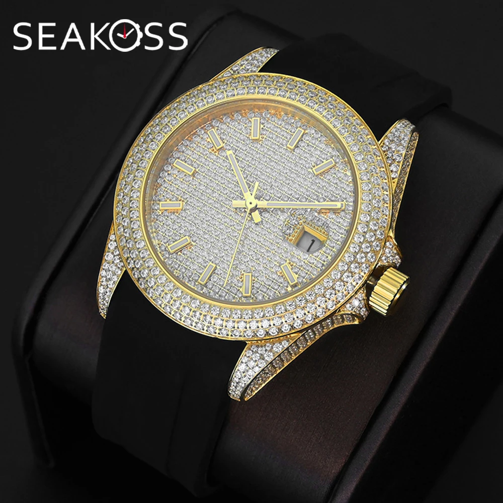 SEAKOSS 41 mm automatische mechanische Herrenuhr Hip Hop Iced Out Voll CZ Diamanten 5ATM Saphirglas leuchtende Kalender-Armbanduhr