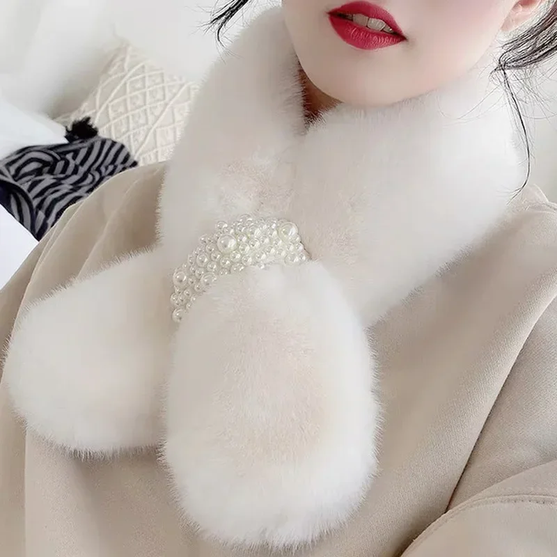

2026 New Womens Winter Scarf Artificial Plush Pearl Thick Warm Cross Three-dimensional Hat Female Ladies Clothes Decoration