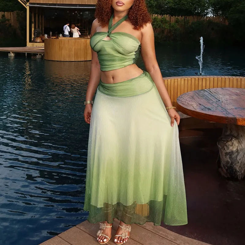 Fashion Gradient Printed Halter Tops&Skirts Sets Elegant Lady Hollow Waist Vacation Outfits Summer New Backless Pleat Women Sets