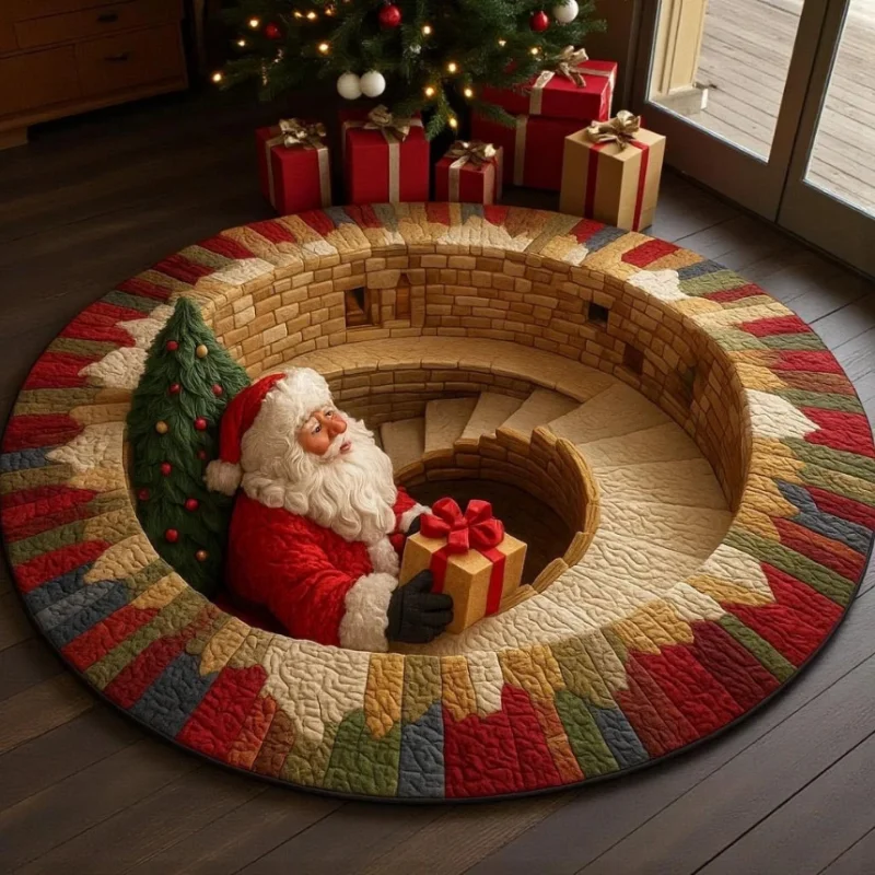 VIKAMA 2027 3D Christmas Santa Circular Rug Soft Anti-Slip Floor Mat for Living Room and Bedroom Entry Door Mat Home Decoration