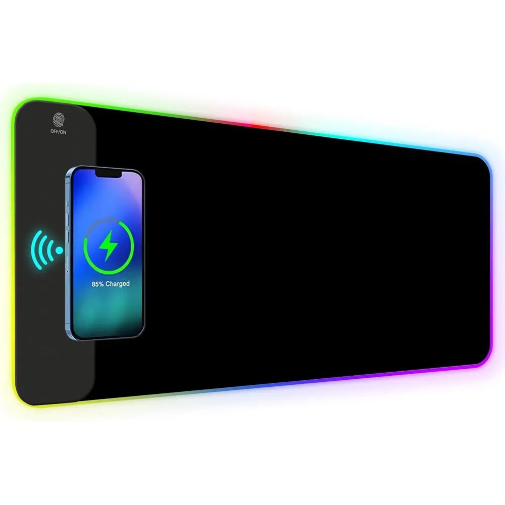 15W Wireless Charging RGB LED Gaming Mouse Pad, 800x300mm Large Non-Slip Desk Mat Protector, Cool Black