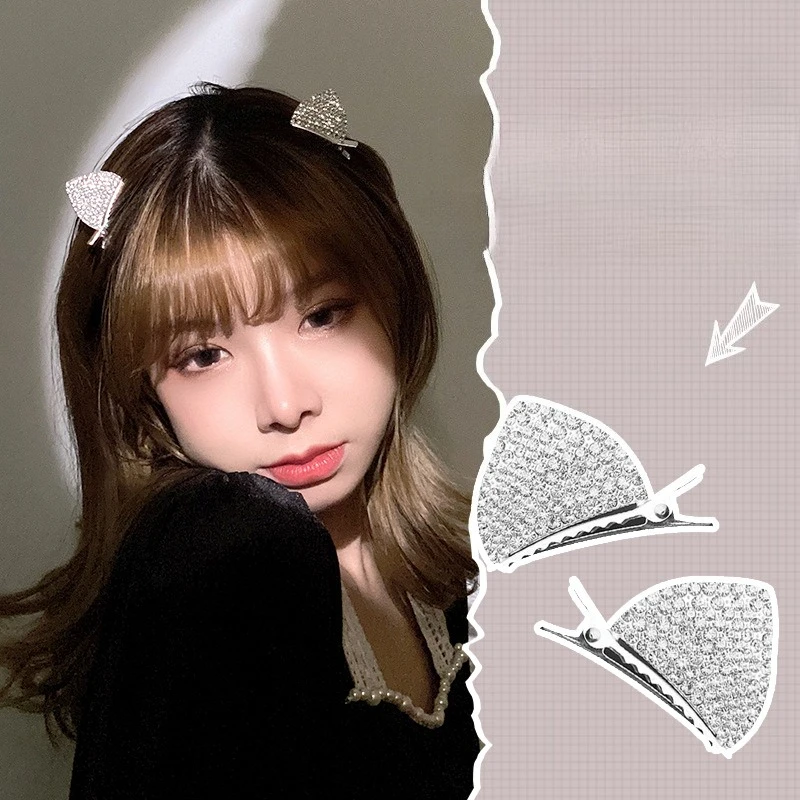 Premium Rhinestone Cat Ear Hair Jaw Clip Duckbill Style for Women Outgoing Daily Fringe Holder Cute Elegant Small