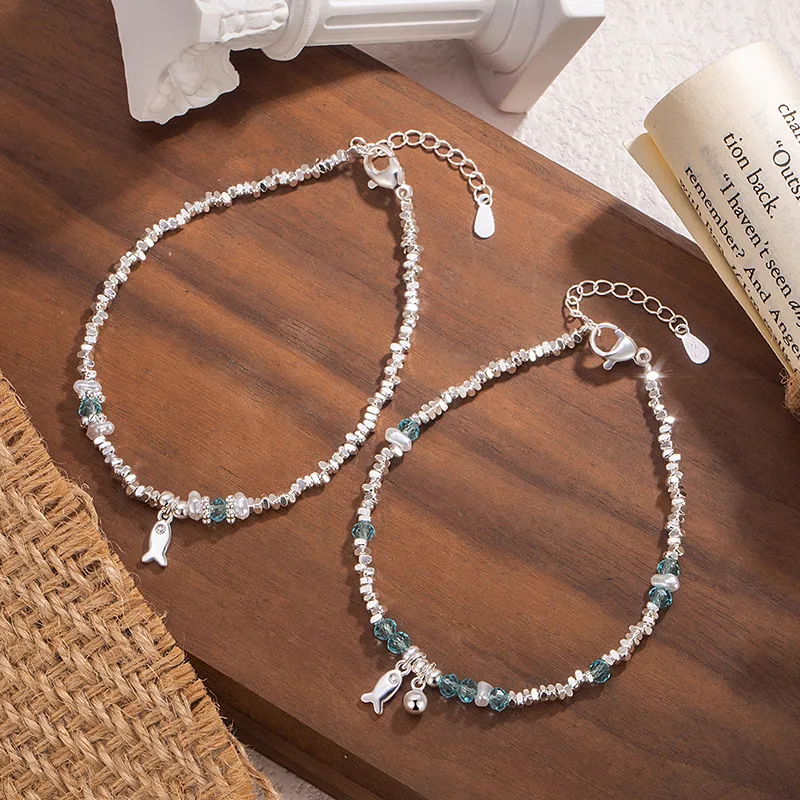 

Браслет из стерлингового серебра 925 пробы, синие круглые бусины, маленькая рыбка, геометрический панк, модный ювелирный подарок для женщин и девочек