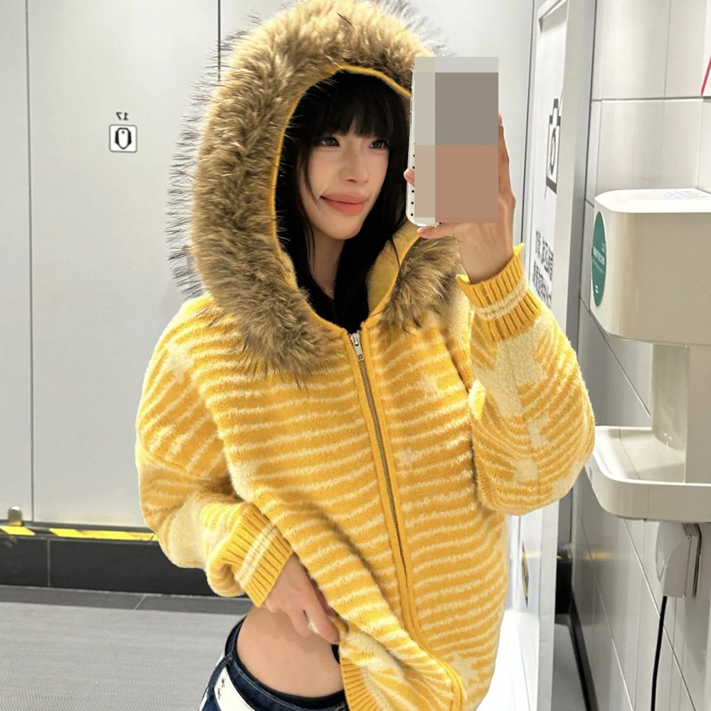 

retro striped star big fur collar hooded sweater thick coat women's cardigan autumn and winter new knitted sweater