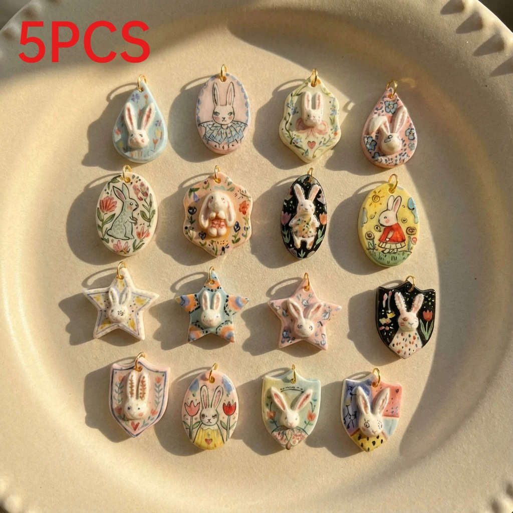 

5Pcs Cartoon Bunny Long Star Charms Printed Series Pendant DIY Necklace Bracelet Handmade Jewelry Making Accessories