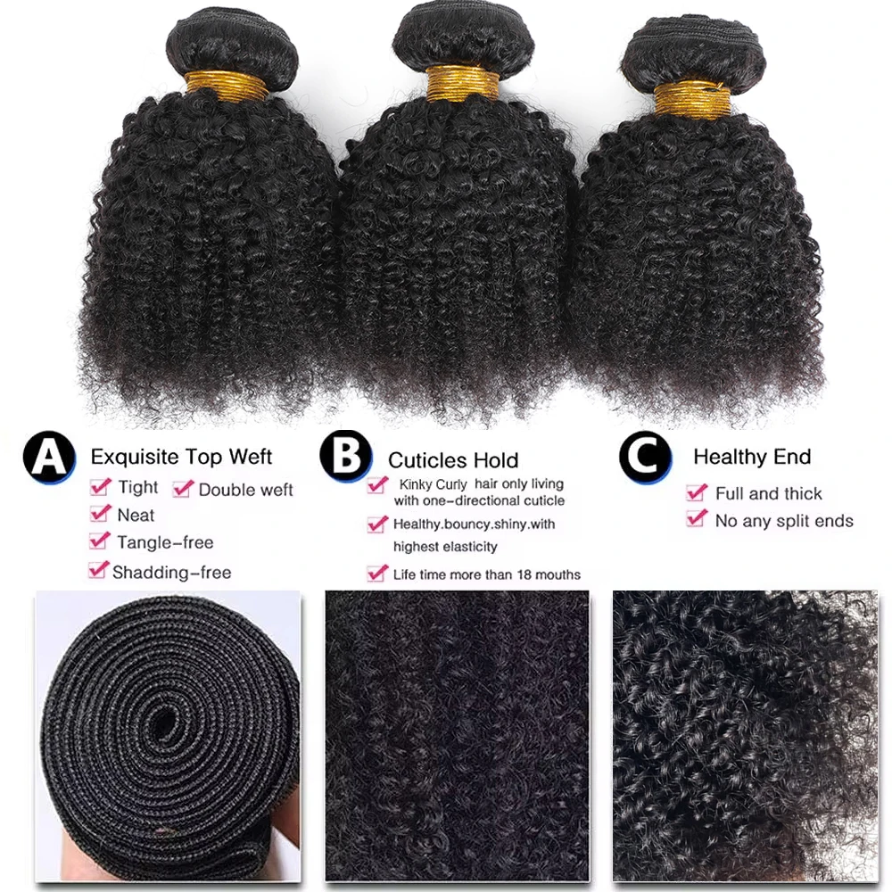 Afro Kinky Curly Human Hair Brazilian Virgin 100% Human Hair Extensions Natural Color Weave 1/3 Bundles Double Weft Extensions