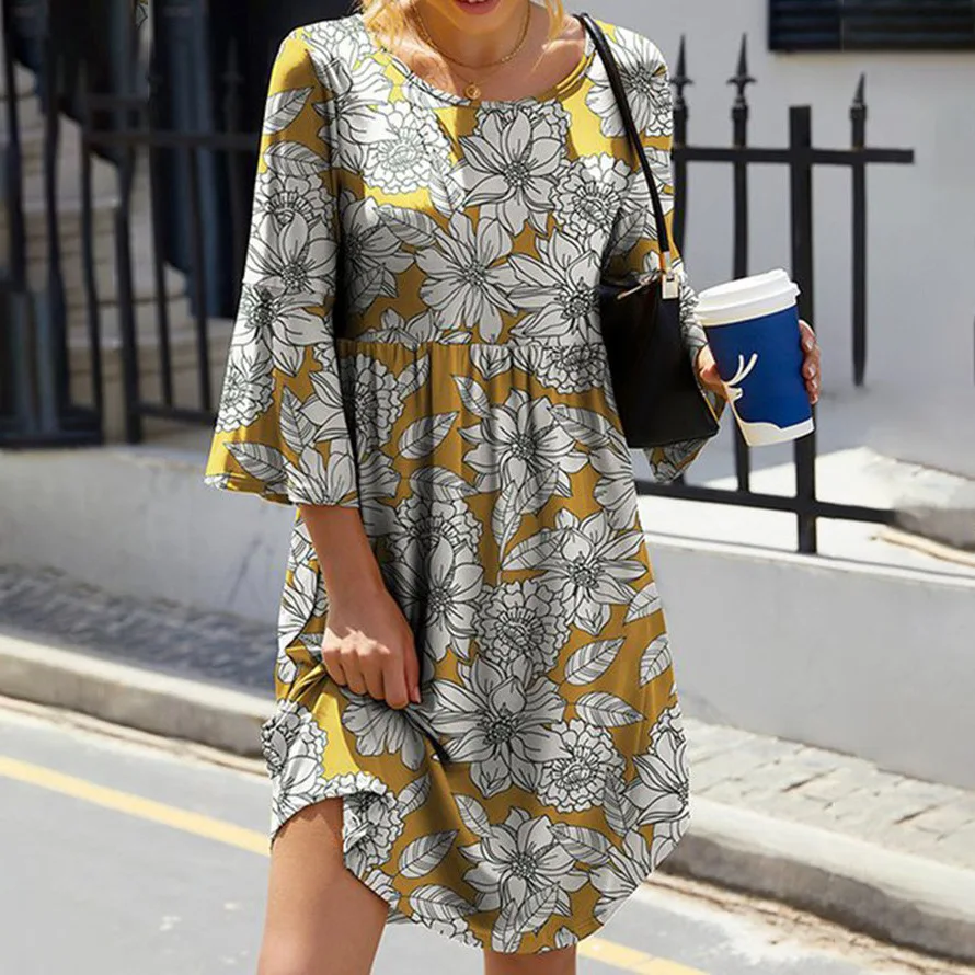 

Loose Women's Dress Spring Print A-line Three Quarter Sleeve O Neck Casual Summer Midi Dress for Women