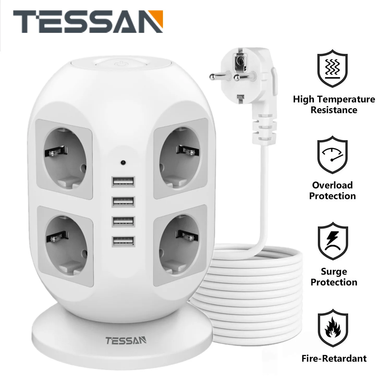 TESSAN Vertical Power Strip Multiple Socket Tower Surge Protector EU Plug Outlets with USB Switch 2m Extension Cable Home Office