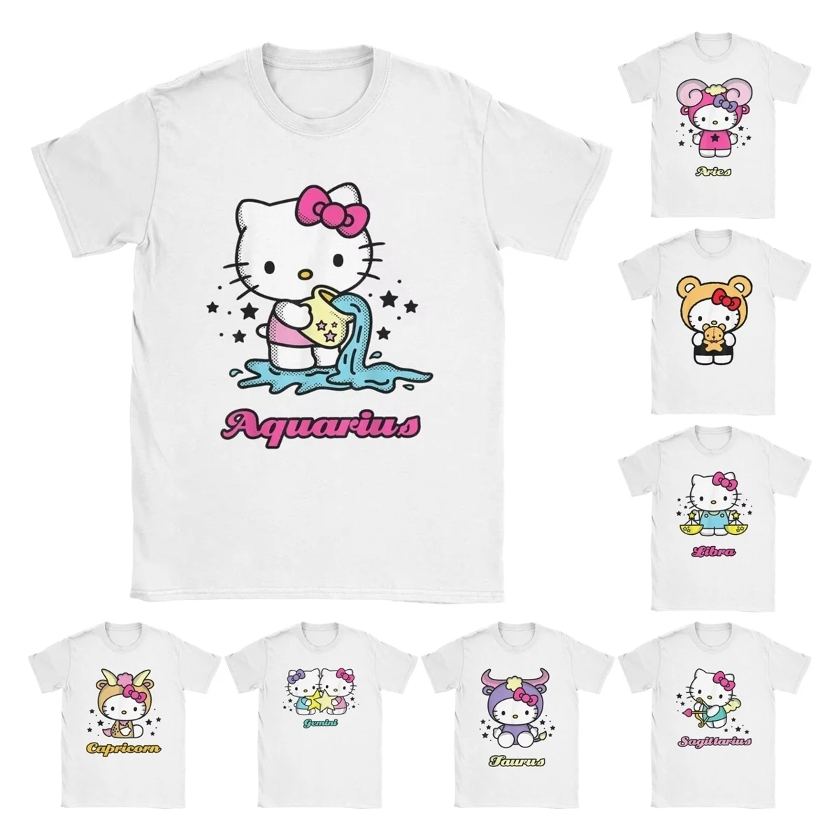 Men Women's Hello Kitty Zodiac Aquarius T Shirts Pure Cotton Clothes Novelty Short Sleeve Crewneck Tees Unique T-Shirts