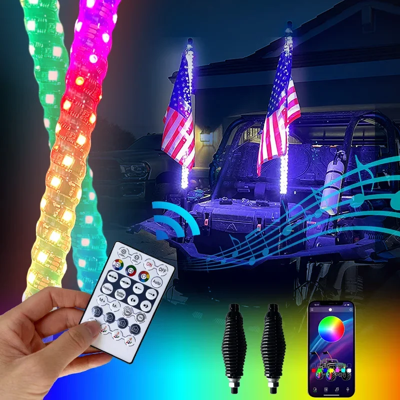 2/3/4FT 2pcs RGB Flagpole Light Adjustable Off-road Brake Light With Remote Control LED Beach Flag Ambient  Lights with Spring