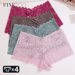 4pcs/SET Women's Lace Hollow Out Boyshorts Underwear Sexy Floral Print Panties Female Low Waist Perspective Lingerie BoxerShorts