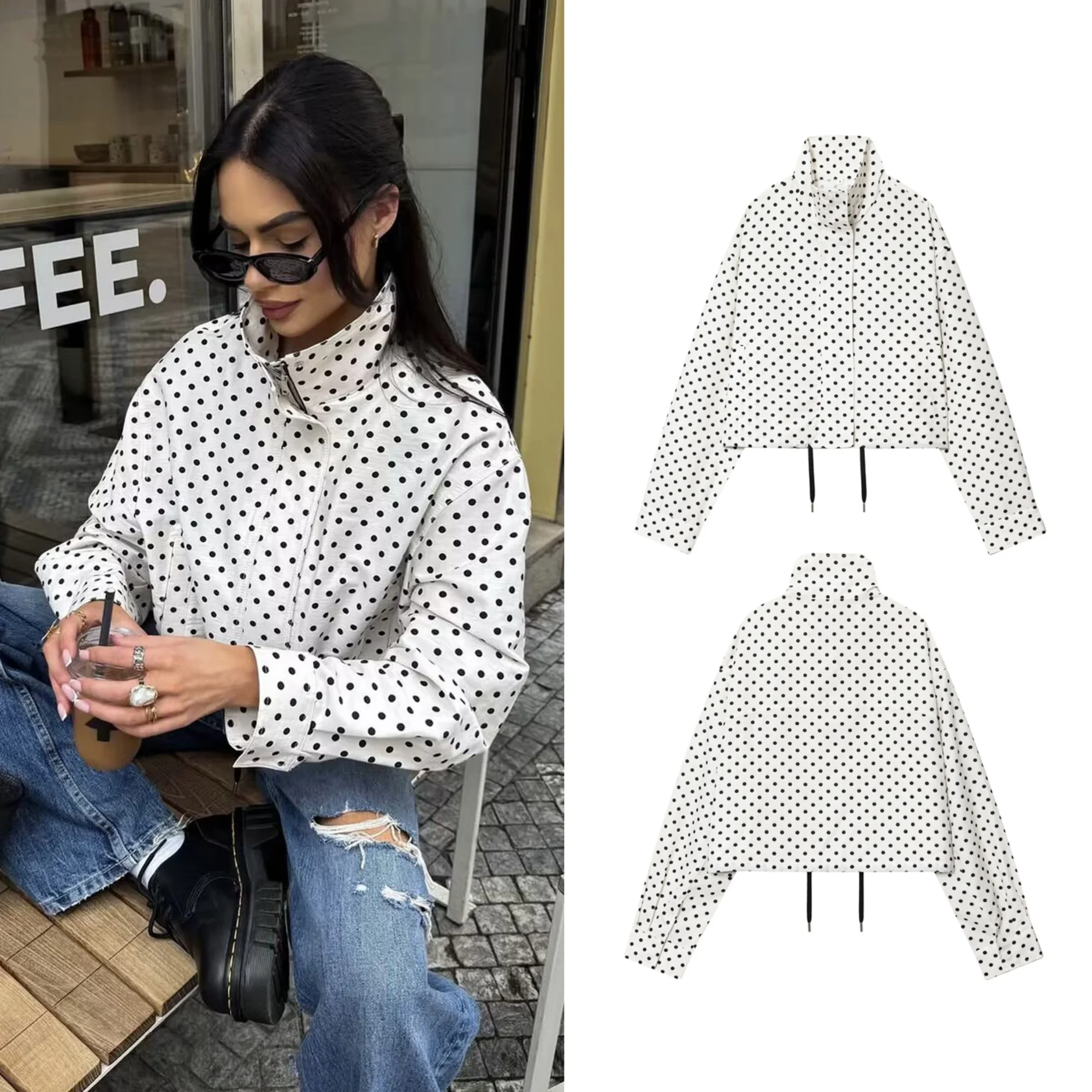 

Casual Women Polka Dots Jacket Stand-up Collar Loose Zipper Jacket 2025 Spring Autumn High Street Retro Lady Jackets Coat