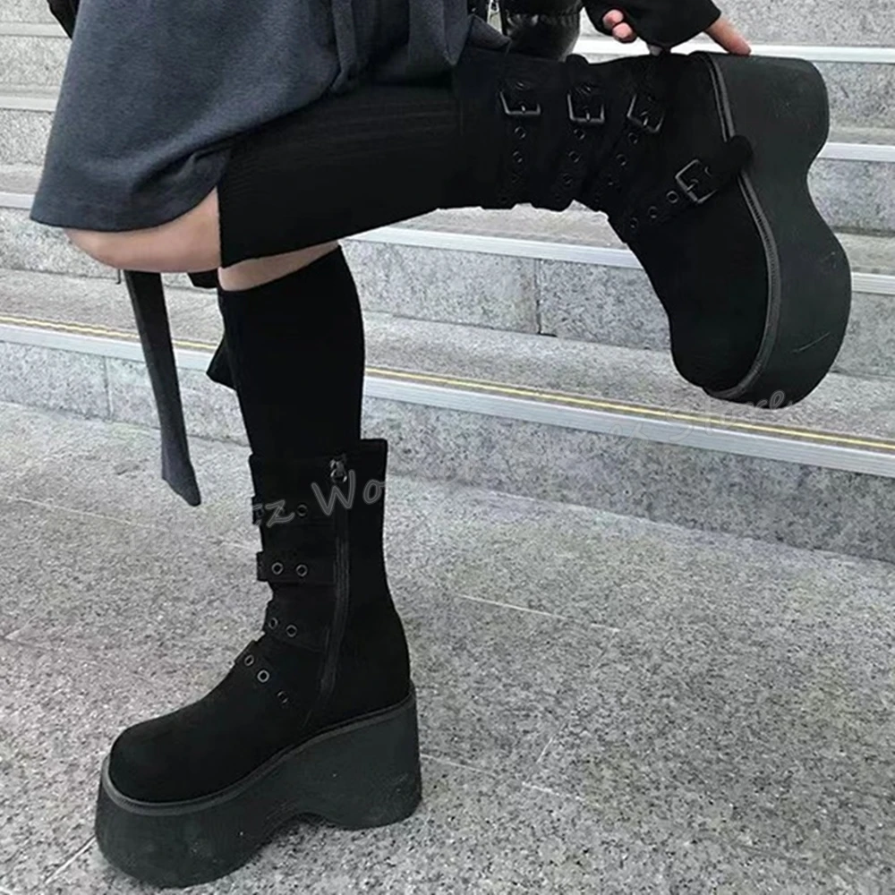 

Suede Thick Bottom Ankle Boots Platform Round Toe Solid Color Side Zipper Belt Buckle Novelty Sexy Concise Women Shoes Newest