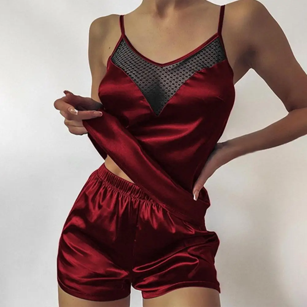 Sexy Pajama Set Imitation Silk Pajama Set Women Sleepwear Sleeveless Sling Top Shorts Lace Sleepwear Women Pajama Sets