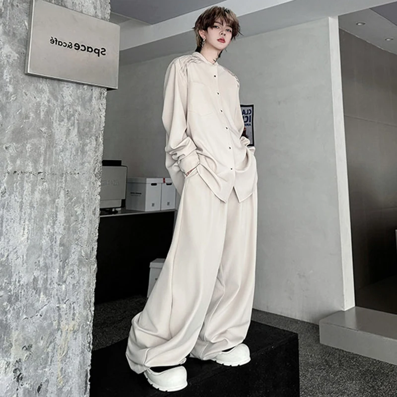 LUZHEN Two-piece Sets 2025 New Shoulder Pad Pleated Elegant Design Long Sleeve Shirts Men's Baggy Wide Leg Casual Pants JY5580