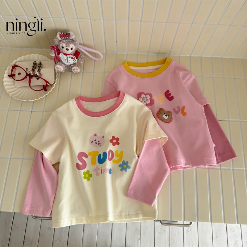

Girls' Long SleevestT-Shirt Spring and Autumn New Style Autumn Baby Children's Clothing Fake Two-Piece Top Autumn Base ShirtT
