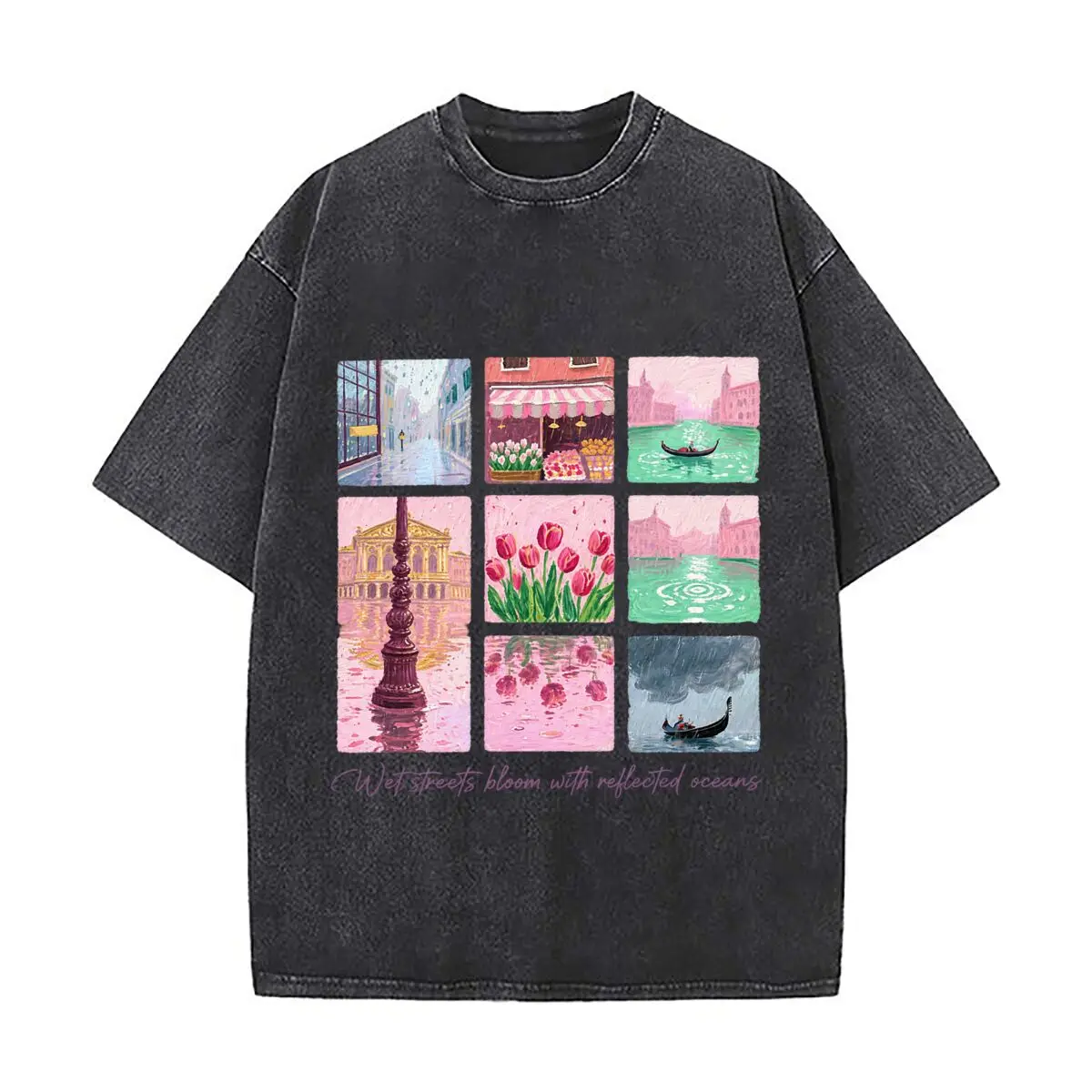 Wet Streets Bloom With Reflected Oceans Venice Gondola Tulips Vintage Distressed Loose Streetwear Tops