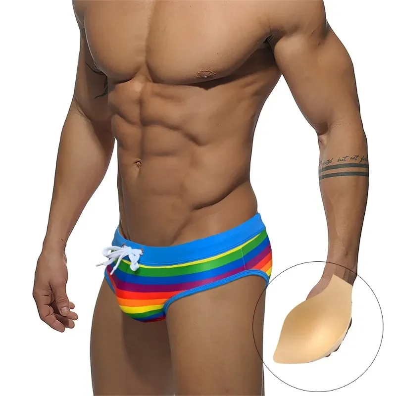 

Summer Rainbow Printed Swimming Trunks Men's Cups Breathable Quick Dry Swim Briefs Fashion Beach Shorts Swimwear Bathing Suit