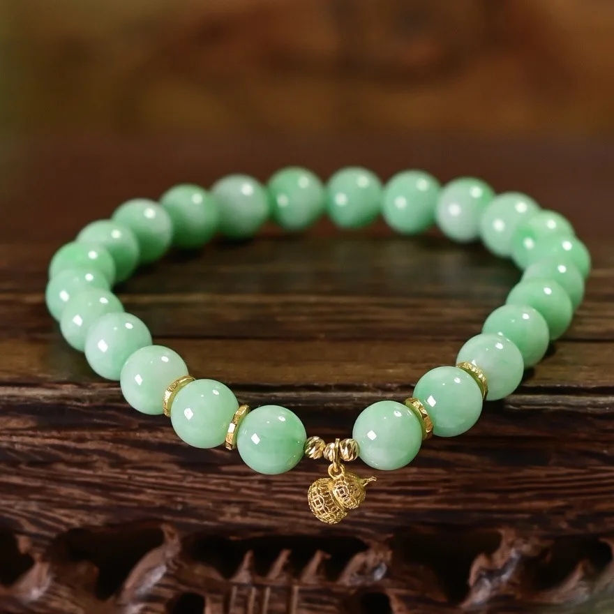 Natural Grade A Yang Green Jade Bead Bracelet 18K Gold Wealth Gourd Charm Women Chinese Lucky Wrist Jewelry