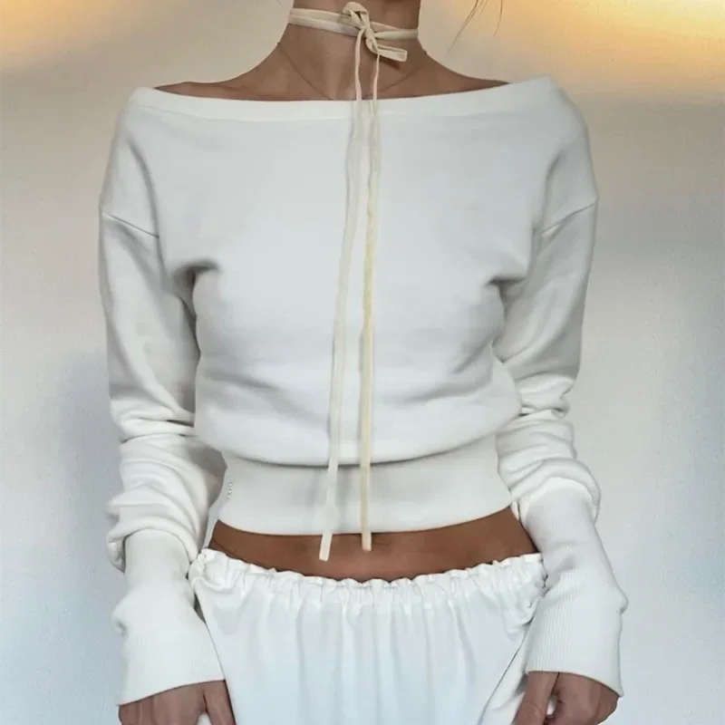 

Simple Casual White Slash-neck T Shirt Autumn Winter Basics High Elastic Long Sleeve T-shirts Streetwear Slim Tees 2023
